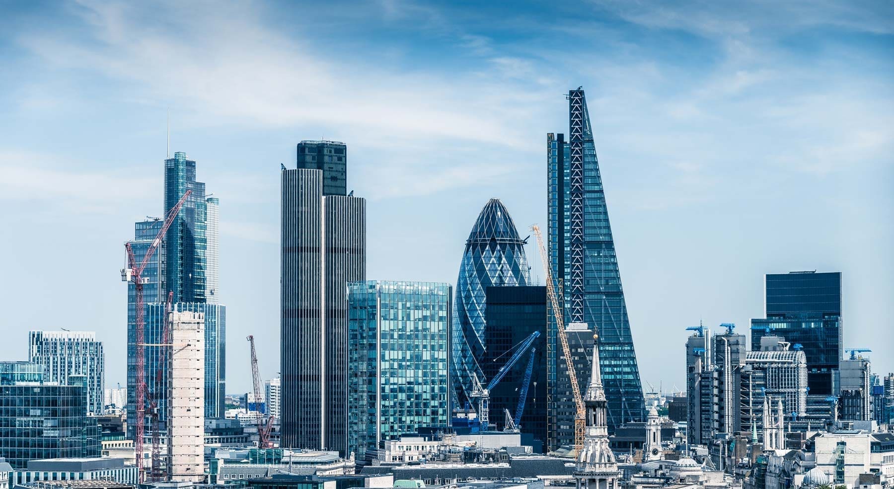 London skyline featuring the Gherkin and surrounding City of London skyscrapers