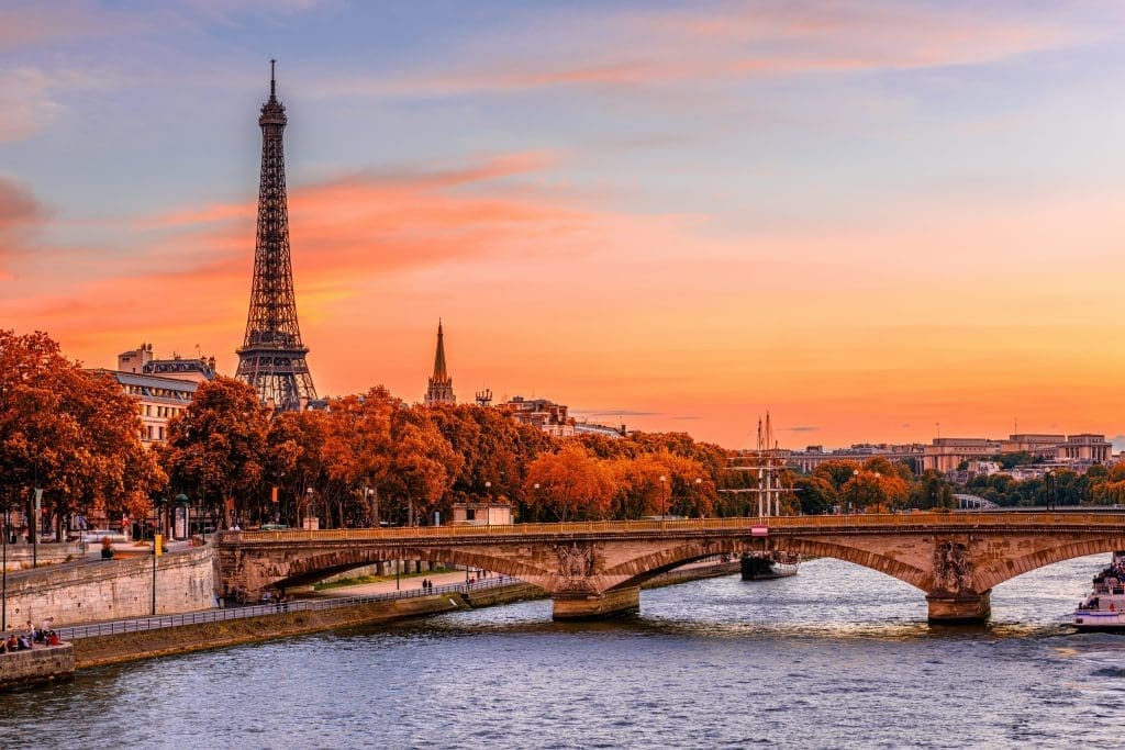 Autumnal overlooking image of Paris with bridge